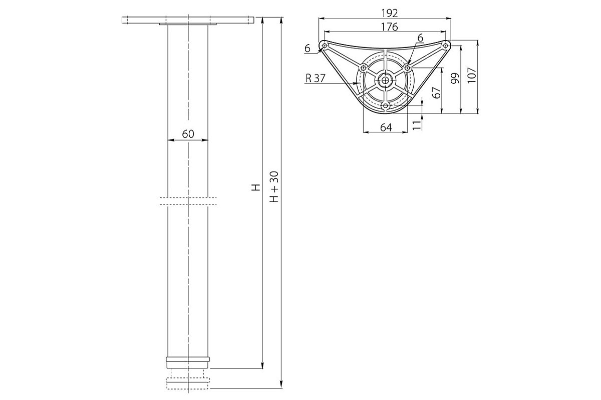 Ножка мебельная 710-745 мм, хром, центральное крепление чертеж